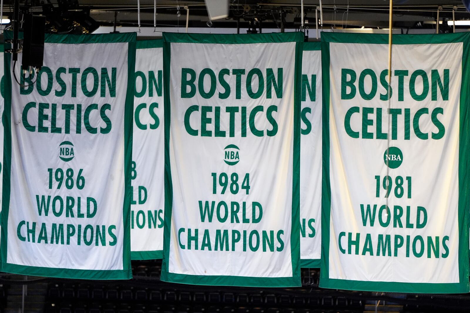 FILE - Boston Celtics basketball banners are seen in the rafters at TD Garden, Wednesday, March. 27, 2024, in Boston. (AP Photo/Michael Dwyer, File)