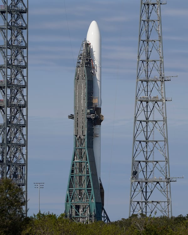 The Blue Origin New Glenn rocket stands ready on Launch Complex 36 at the Cape Canaveral Space Force Station, Saturday, Jan. 11, 2025, in Cape Canaveral, Fla. (AP Photo/John Raoux)