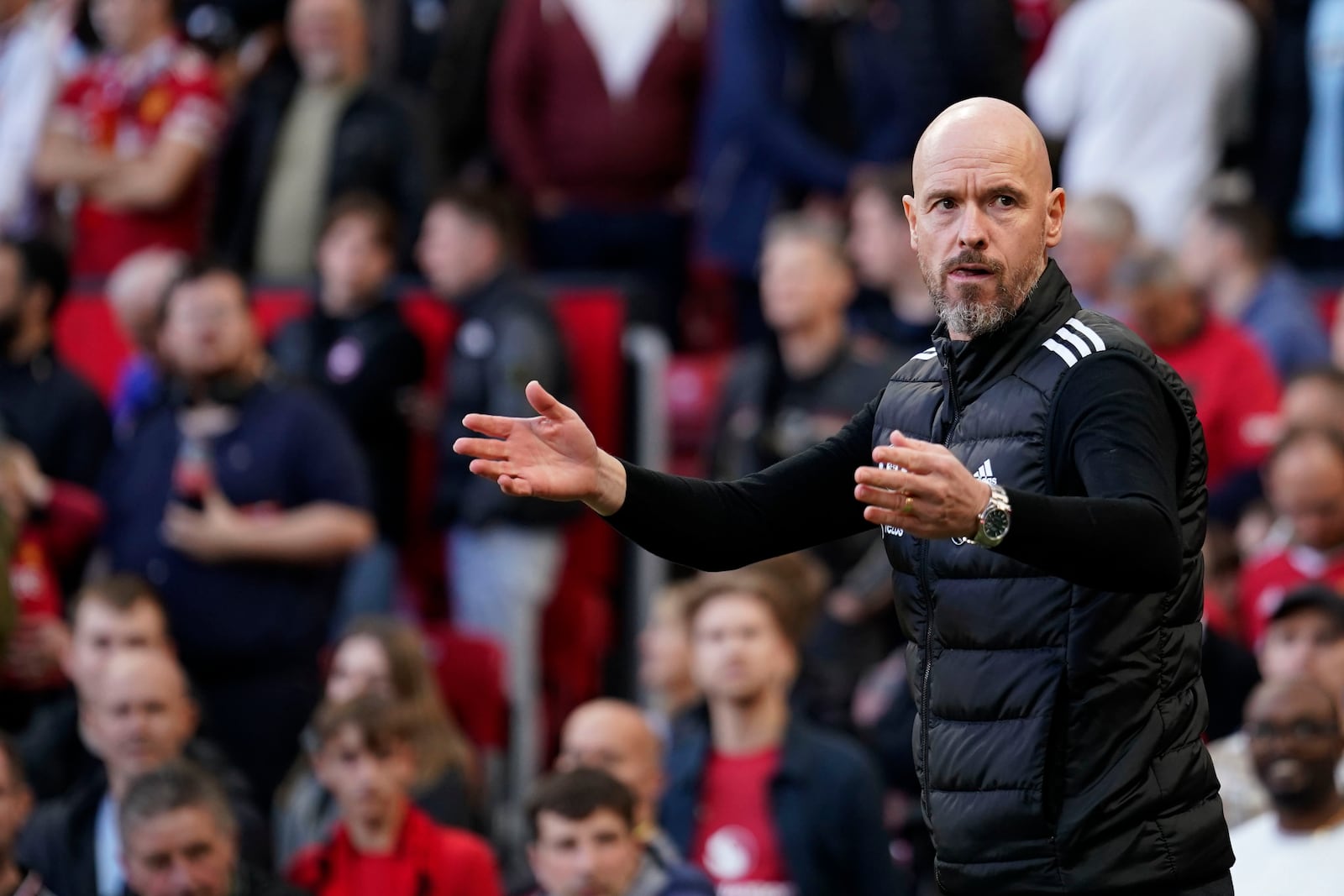 Manchester United's head coach Erik ten Hag reacts during the English Premier League soccer match between Manchester United and Brentford at Old Trafford stadium in Manchester, England, Saturday, Oct. 19, 2024. (AP Photo/Dave Thompson)