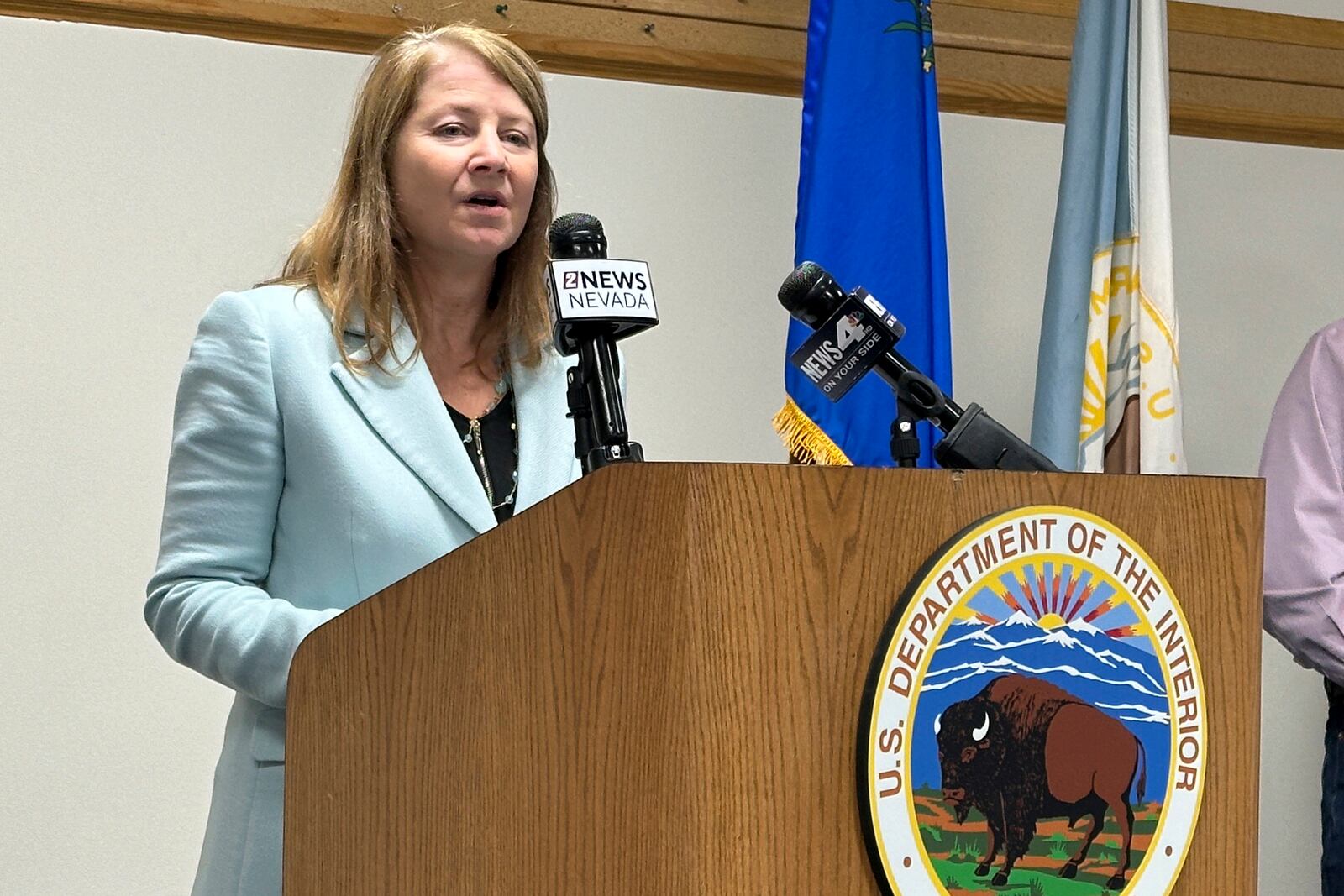 Acting Deputy U.S. Interior Secretary Laura Daniel-Davis speaks to reporters at BLM's Nevada headquarters in Reno, Nev., Thursday, Oct. 24, 2024, during a news conference announcing approval of a federal permit for Ioneer Ltd.'s lithium-boron mine now scheduled to begin construction next year near the California line about halfway between Reno and Las Vegas. Environmentalists are threatening to sue to try to block the mine they say will drive an endangered wildflower to extinction. (AP Photo/Scott Sonner)