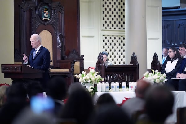 President Joe Biden speaks during in an interfaith prayer service for the victims of the deadly New Years truck attack, at St. Louis Cathedral in New Orleans, Monday, Jan. 6, 2025. (AP Photo/Stephanie Scarbrough)