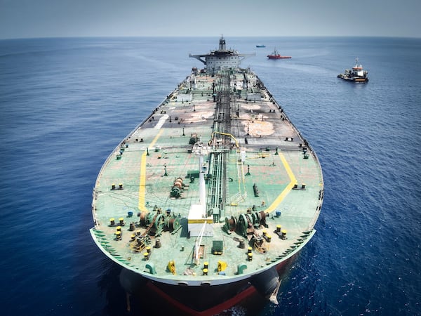 This undated photo released by the private security firm Ambrey shows the oil tanker Sounion in the Red Sea. (Ambrey via AP)