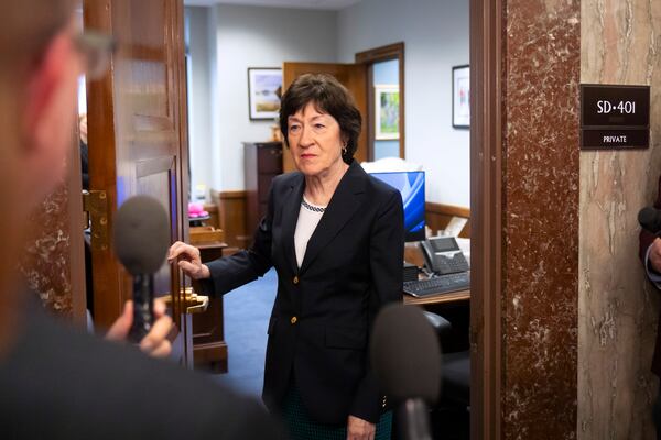 Sen. Susan Collins, R-Maine, speaks with reporters after meeting with Pete Hegseth, President-elect Donald Trump's choice to be defense secretary, on Capitol Hill, Wednesday, Dec. 11, 2024, in Washington. (AP Photo/Mark Schiefelbein)