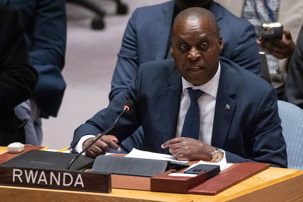 Rwanda's Ambassador and Permanent Representative to the United Nations Ernest Rwamucyo speaks during a Security Council meeting at the United Nations headquarters, Sunday, Jan. 26, 2025. (AP Photo/Yuki Iwamura)