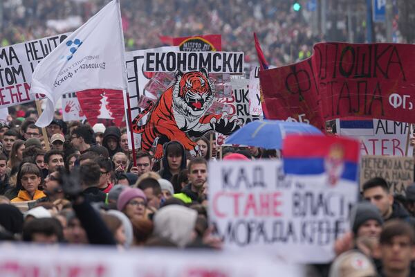 University students joined calls for a general strike after more than two months of protests over the collapse of a concrete canopy that killed 15 people more than two months ago, in Belgrade, Serbia, Friday, Jan. 24, 2025. (AP Photo/Darko Vojinovic)