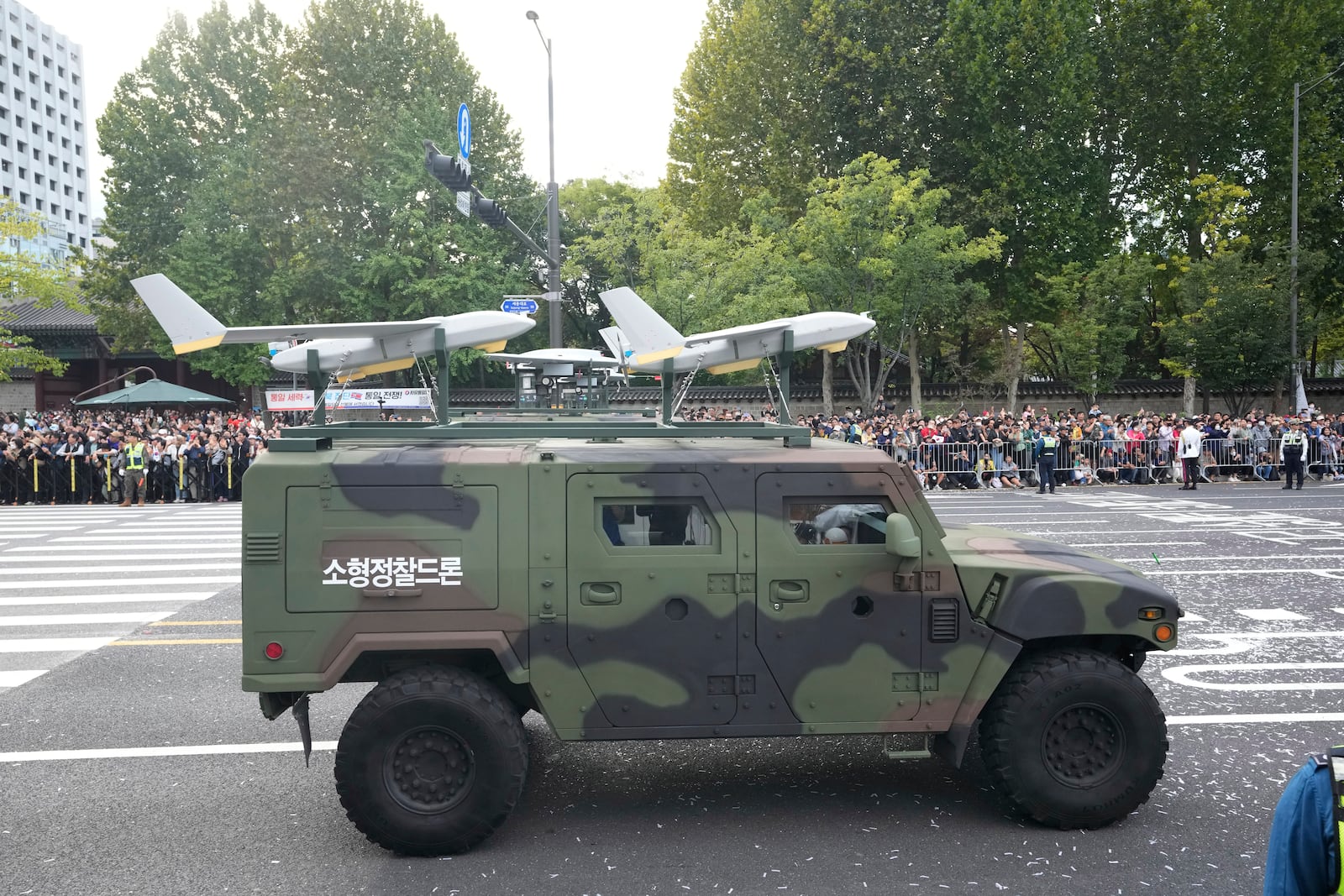 South Korean reconnaissance drones are carried in a parade during the 76th Armed Forces Day ceremony in Seoul, South Korea, on Oct. 1, 2024. (AP Photo/Ahn Young-joon)