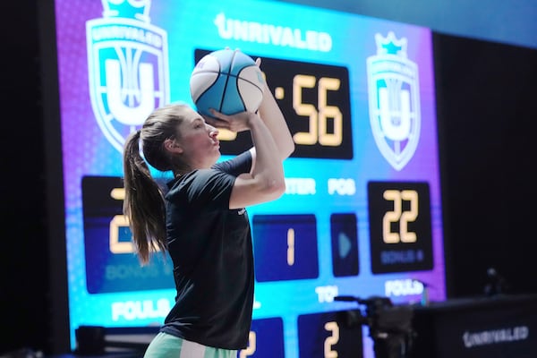 Laces player Kate Martin practices, Thursday, Jan. 16, 2025, in Medley, Fla., as the new 3-on-3 women's basketball league Unrivaled tips off this weekend. (AP Photo/Marta Lavandier)