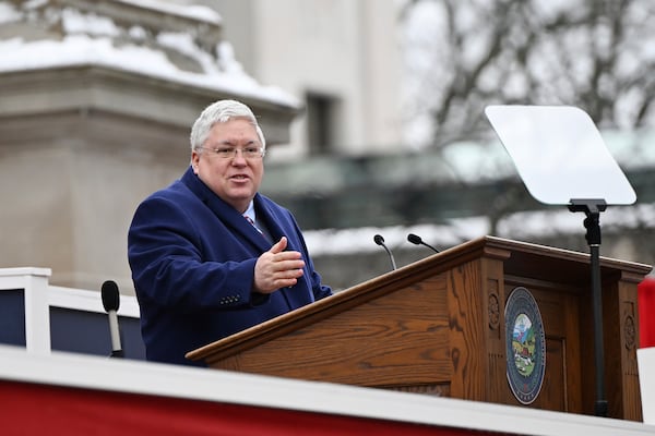 West Virginia Governor Patrick Morrisey speaks following his swearing in at the state capitol in Charleston, W.Va., Monday, Jan. 13, 2025. (AP Photo/Chris Jackson)