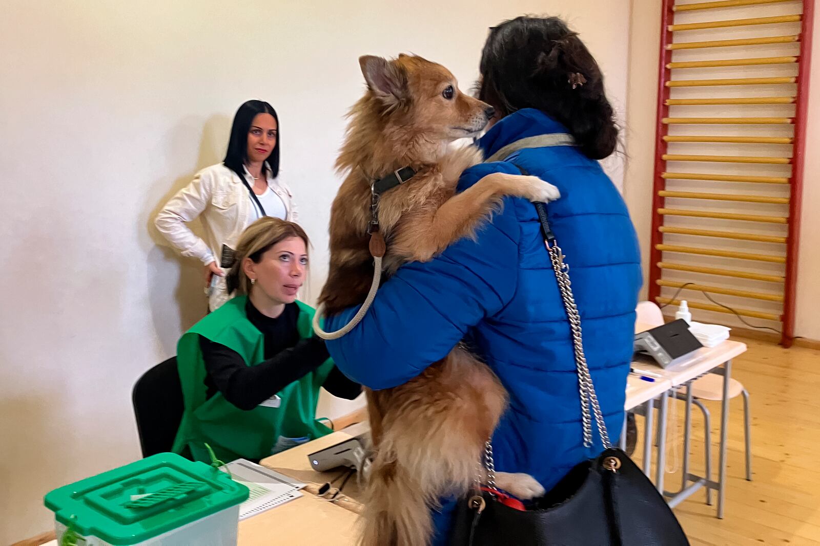 A woman holds her pet as she receives a ballot at a polling station during the parliamentary election in Tbilisi, Georgia, Saturday, Oct. 26, 2024. (AP Photo/Sophiko Megrelidze)