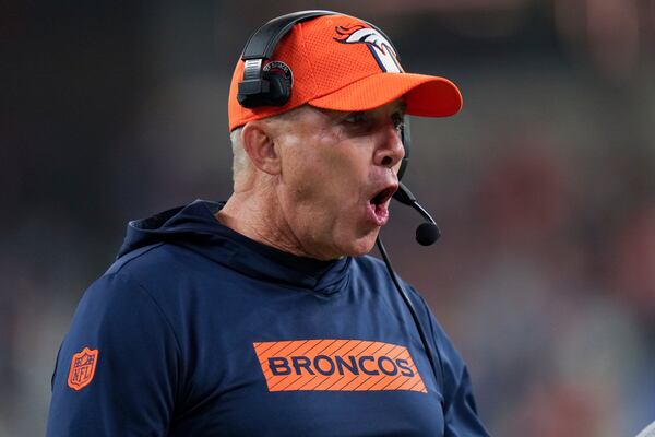 Denver Broncos head coach Sean Payton yells from the sideline during the second half an NFL football game against the Los Angeles Chargers, Thursday, Dec. 19, 2024, in Inglewood, Calif. (AP Photo/Eric Thayer)