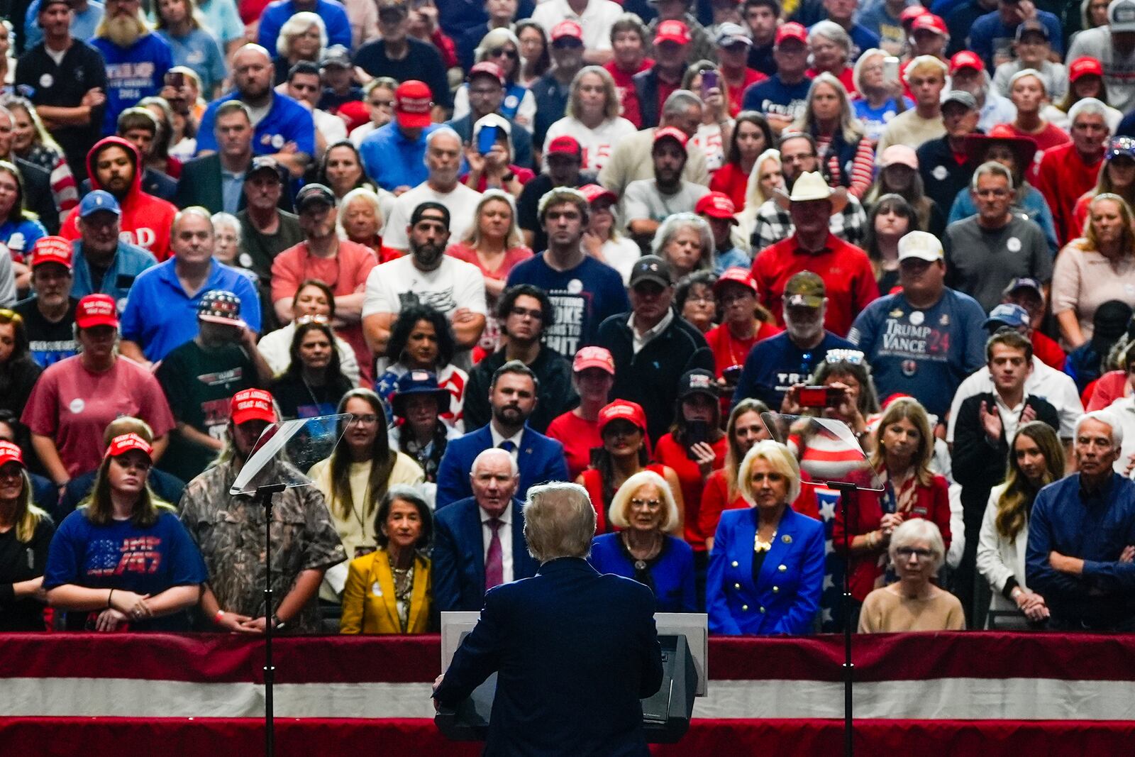 Republican presidential nominee former President Donald Trump speaks during a campaign rally at Rocky Mount Event Center, Wednesday, Oct. 30, 2024, in Rocky Mount, N.C. (AP Photo/Julia Demaree Nikhinson)