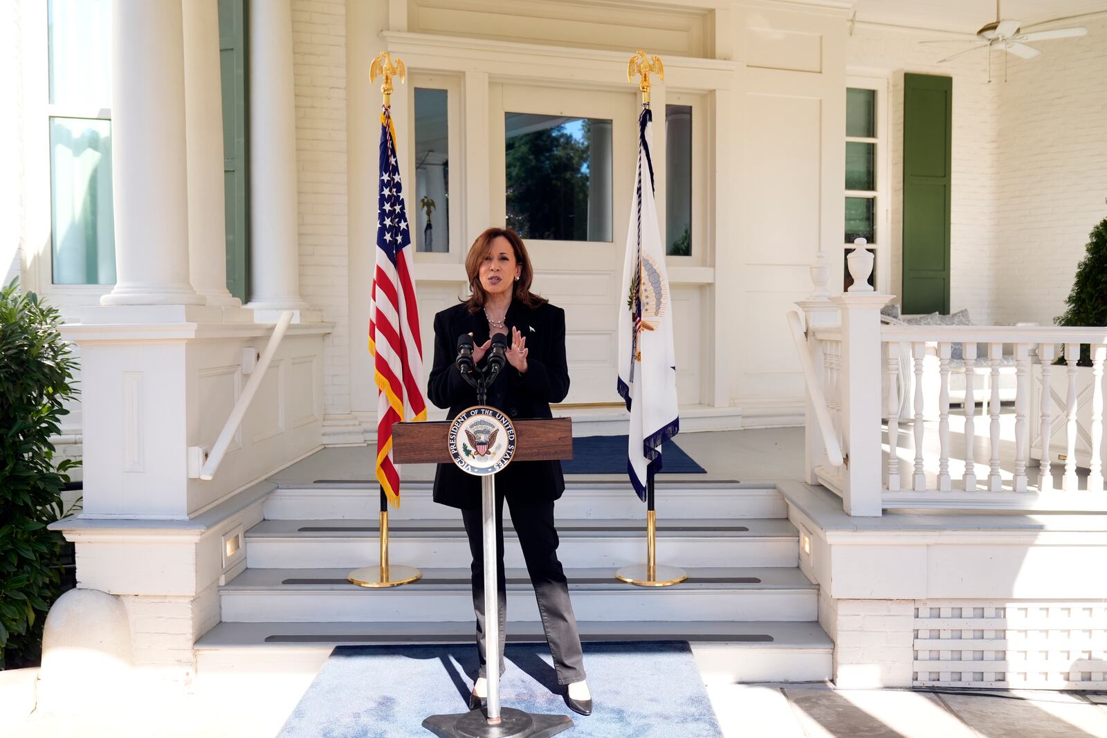 Democratic presidential nominee Vice President Kamala Harris speaks at the vice president's residence in Washington, Wednesday, Oct. 23, 2024. (AP Photo/Mark Schiefelbein)