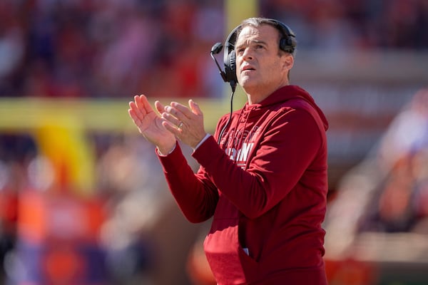 South Carolina head coach Shane Beamer looks on in the first half of an NCAA college football game against Clemson, Saturday, Nov. 30, 2024, in Clemson, S.C. (AP Photo/Jacob Kupferman)