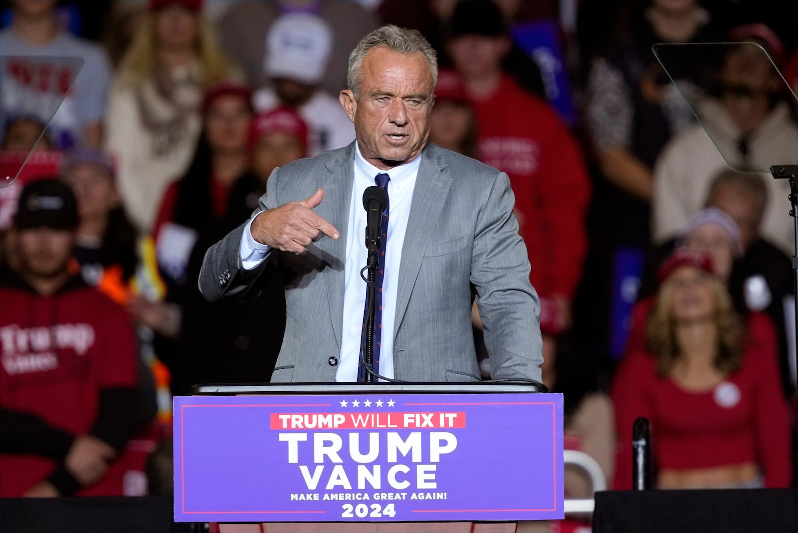 Robert F. Kennedy Jr., speaks before Republican presidential nominee former President Donald Trump at a campaign event Friday, Nov. 1, 2024, in Milwaukee. (AP Photo/Morry Gash)