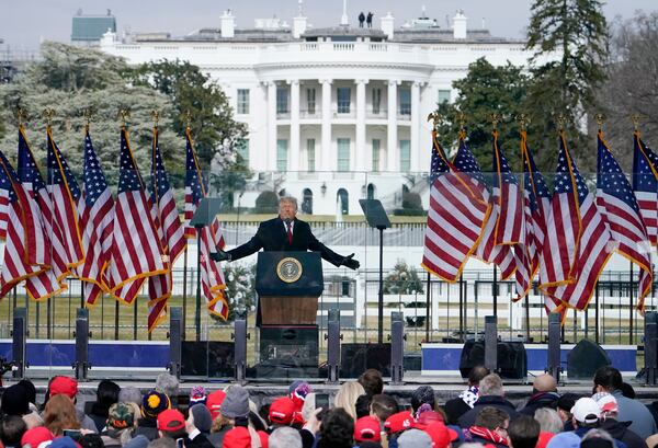 FILE - With the White House in the background, President Donald Trump speaks at a rally in Washington, Jan. 6, 2021. (AP Photo/Jacquelyn Martin, File)