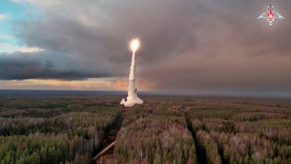 In this photo taken from video distributed by Russian Defense Ministry Press Service on Tuesday, Oct. 29, 2024, A Yars intercontinental ballistic missile is test-fired from the Plesetsk launchpad in northwestern Russia. (Russian Defense Ministry Press Service via AP)