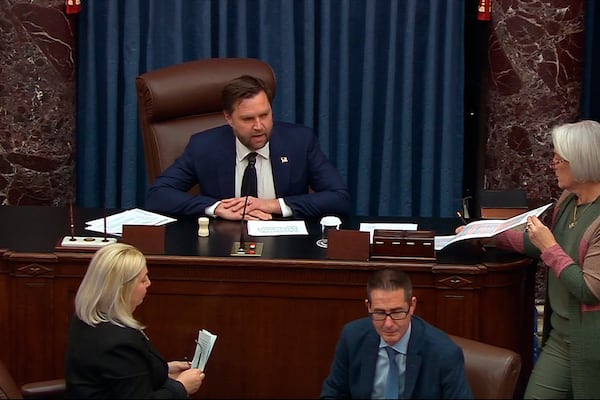 In this image provided by Senate Television, Vice President JD Vance casts the tie-breaking vote to confirm Pete Hegseth as President Donald Trump's choice for defense secretary, Friday, Jan. 24, 2025, at the Capitol in Washington. (Senate Television via AP)