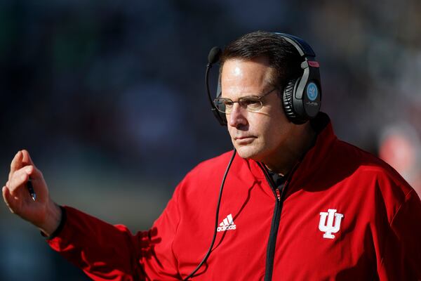 Indiana coach Curt Cignetti gestures during the first half of an NCAA college football game against Michigan State, Saturday, Nov. 2, 2024, in East Lansing, Mich. (AP Photo/Al Goldis)