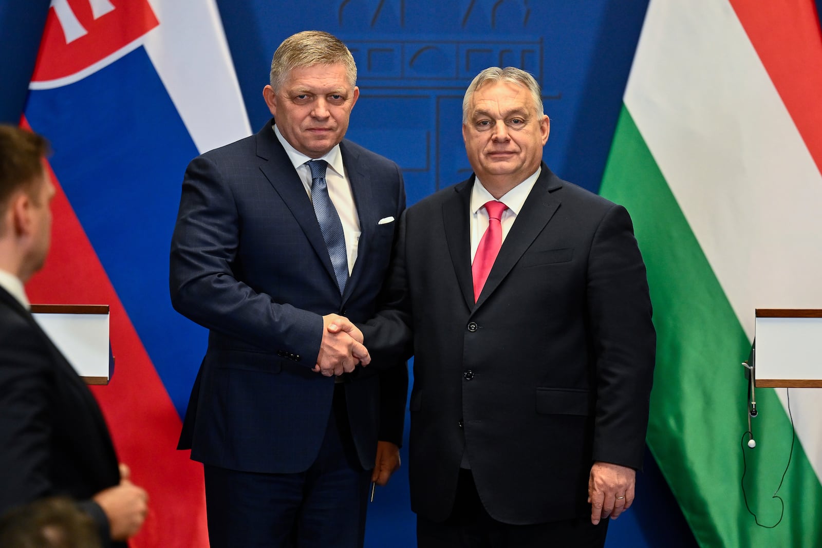 FILE - Slovakia's Prime Minister Robert Fico and Hungary's Prime Minister Viktor Orban shake hands after a press conference at the Carmelite Monastery in Budapest, Hungary, on Jan. 16, 2024. (AP Photo/Denes Erdos, GILE)