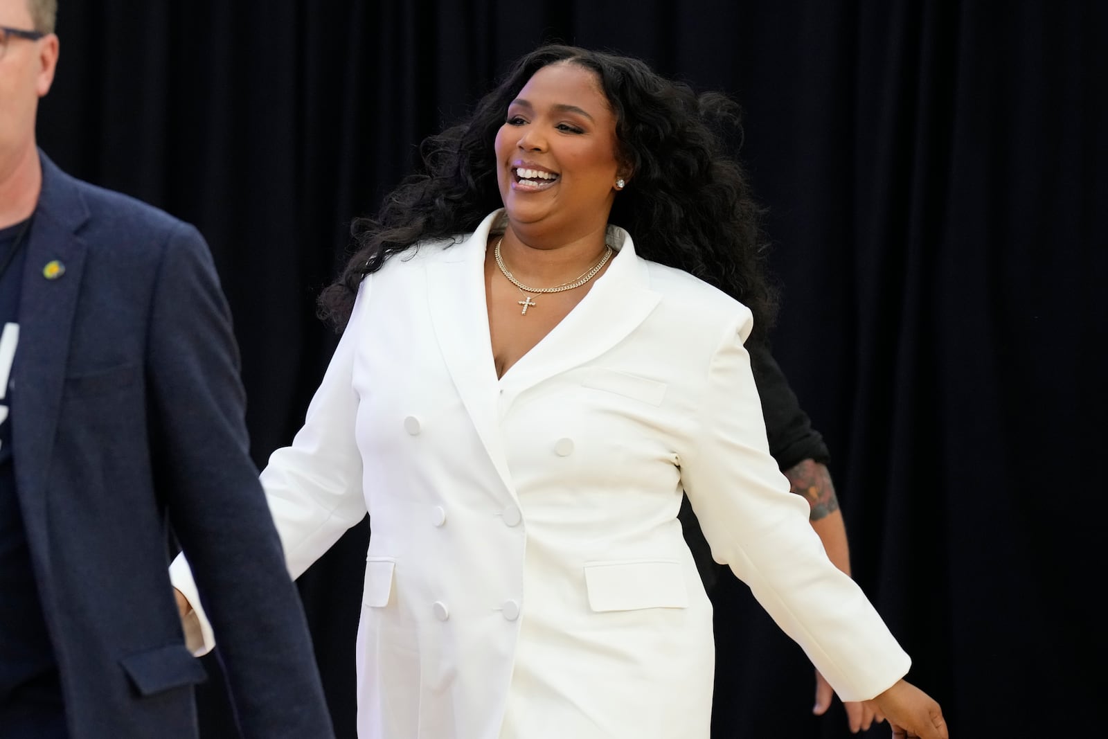 Lizzo attends a campaign event for Democratic presidential nominee Vice President Kamala Harris at Western International High School in Detroit, Saturday, Oct. 19, 2024. (AP Photo/Jacquelyn Martin)