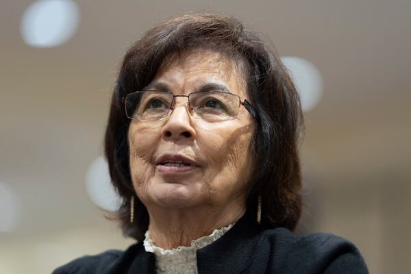 Tribal Chairman of the Confederated Tribes of Siletz Indians Delores Pigsley speaks during an interview with The Associated Press at Chinook Winds Casino Resort, Saturday, Nov. 16, 2024, in Lincoln City, Ore. (AP Photo/Jenny Kane)