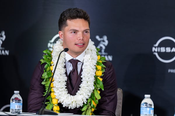 Heisman Trophy finalist Dillon Gabriel, of Oregon, speaks at a college football press conference, Saturday, Dec. 14, 2024, in New York. (AP Photo/Corey Sipkin)