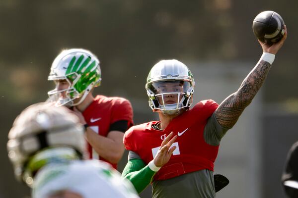 Oregon quarterback Dillon Gabriel throws during practice in Carson, Calif., Monday, Dec. 30, 2024, ahead of Wednesday's Rose Bowl College Football Playoff against Ohio State. (AP Photo/Kyusung Gong)