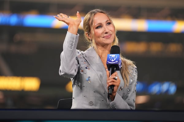 Nikki Glaser participates in a segment after an NFL football game between the Los Angeles Chargers and the Denver Broncos, Thursday, Dec. 19, 2024, in Inglewood, Calif. (AP Photo/Eric Thayer)