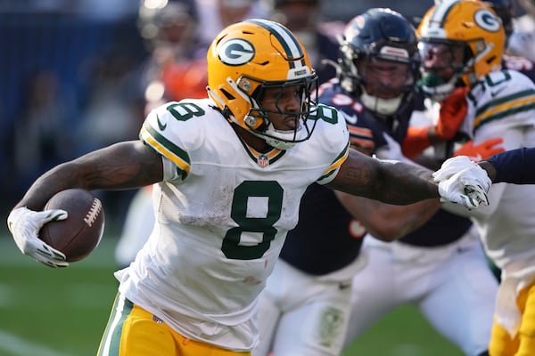 Green Bay Packers' Josh Jacobs runs during the second half of an NFL football game against the Chicago Bears Sunday, Nov. 17, 2024, in Chicago. (AP Photo/Charles Rex Arbogast)