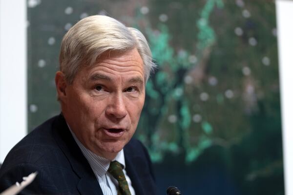 Ranking member Sen. Sheldon Whitehouse, D-R.I., speaks during a hearing of the Senate Environment and Public Works Committee on Capitol Hill, Thursday, Jan. 16, 2025, in Washington. (AP Photo/Mark Schiefelbein)