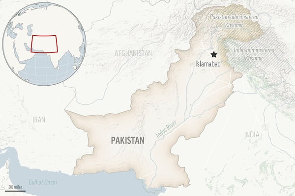 This is a locator map for Pakistan with its capital, Islamabad, and the Kashmir region. (AP Photo)