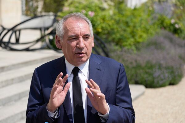 FILE - French centrist party MoDem (Mouvement Democrate) leader Francois Bayrou speaks to reporters after a meeting with France's President Emmanuel Macron at the Elysee Palace, in Paris, France, Tuesday, June 21, 2022. French President Emmanuel Macron names key centrist ally François Bayrou as new prime minister Friday Dec.13 2024. (AP Photo/Francois Mori, File)