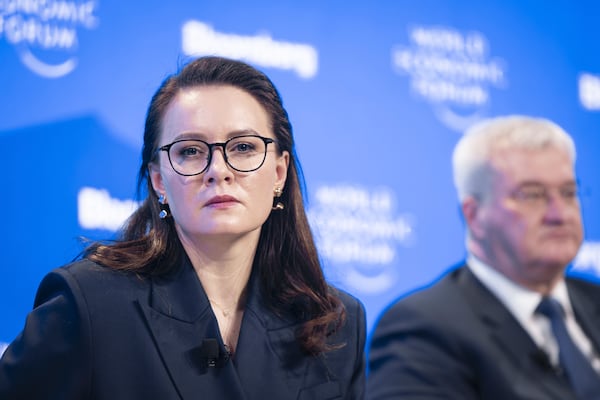 Ministry of Economy of Ukraine Yuliia Svyrydenko looks on during a panel session in the 55th annual meeting of the World Economic Forum (WEF), in Davos, Switzerland, Thursday, Jan. 23, 2025. (Michael Buholzer/Keystone via AP)