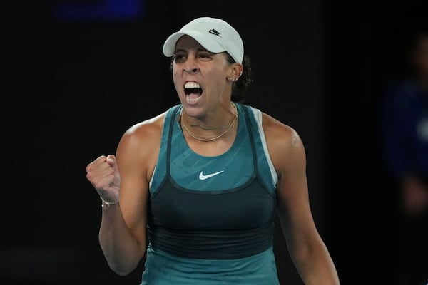 Madison Keys of the U.S. reacts during her women's singles final match against Aryna Sabalenka of Belarus at the Australian Open tennis championship in Melbourne, Australia, Saturday, Jan. 25, 2025. (AP Photo/Vincent Thian)