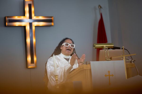 The Rev. Jennifer Susanne Leath gives the Sunday sermon at Tanner-Price AME Church in Windsor, Ont., Sunday, Oct. 6, 2024. (AP Photo/Dax Melmer)