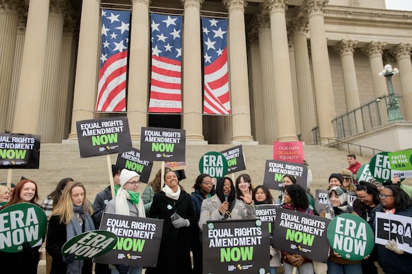 Former Rep. Cori Bush, D-Mo., speaks during a rally in front of the National Archives to highlight President Joe Biden's decision to declare the Equal Rights Amendment (ERA) as the 28th Amendment to the United States Constitution, Friday, Jan. 17, 2025, in Washington. (AP Photo/Rod Lamkey, Jr.)