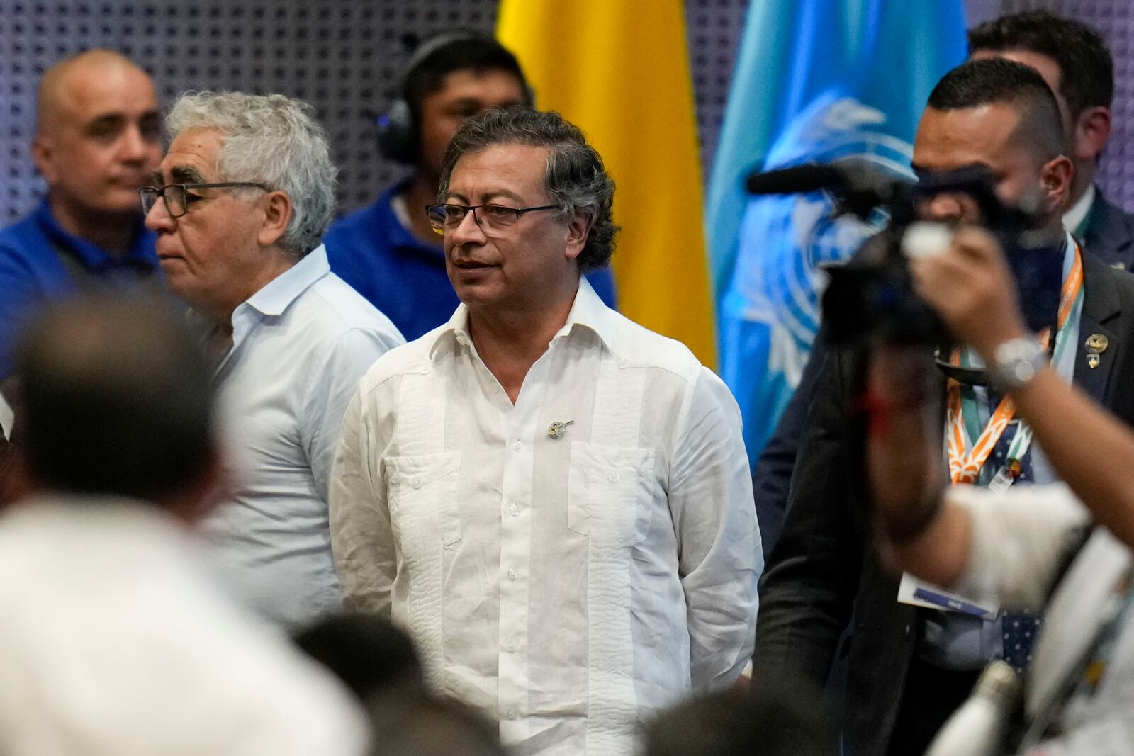 Colombia's President Gustavo Petro arrives at the opening ceremony of COP16, a United Nations' biodiversity conference, in Cali, Colombia, Sunday, Oct. 20, 2024. (AP Photo/Fernando Vergara)