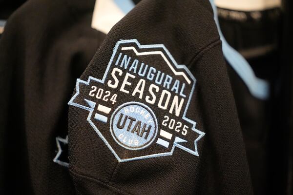 FILE - Utah Hockey Club jersey is shown during a tour of the new temporary practice facility locker room at the Olympic Oval, Sept. 17, 2024, in Kearns, Utah. (AP Photo/Rick Bowmer, file)