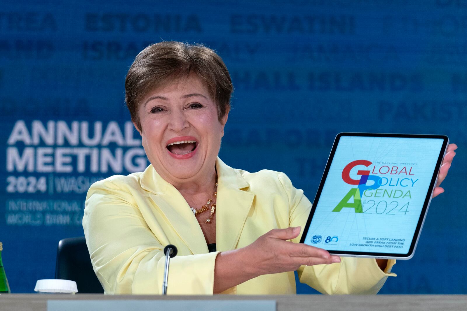 International Monetary Fund (IMF) Managing Director Kristalina Georgieva speaks during a news conference during the World Bank/IMF Annual Meetings in Washington, Thursday, Oct. 24, 2024. (AP Photo/Jose Luis Magana)