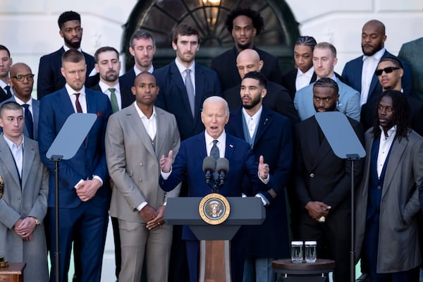 President Joe Biden speaks as he welcomes the Boston Celtics to celebrate their victory in the 2024 National Basketball Association Championship, on the South Lawn of the White House in Washington, Thursday, Nov. 21, 2024. (AP Photo/Ben Curtis)