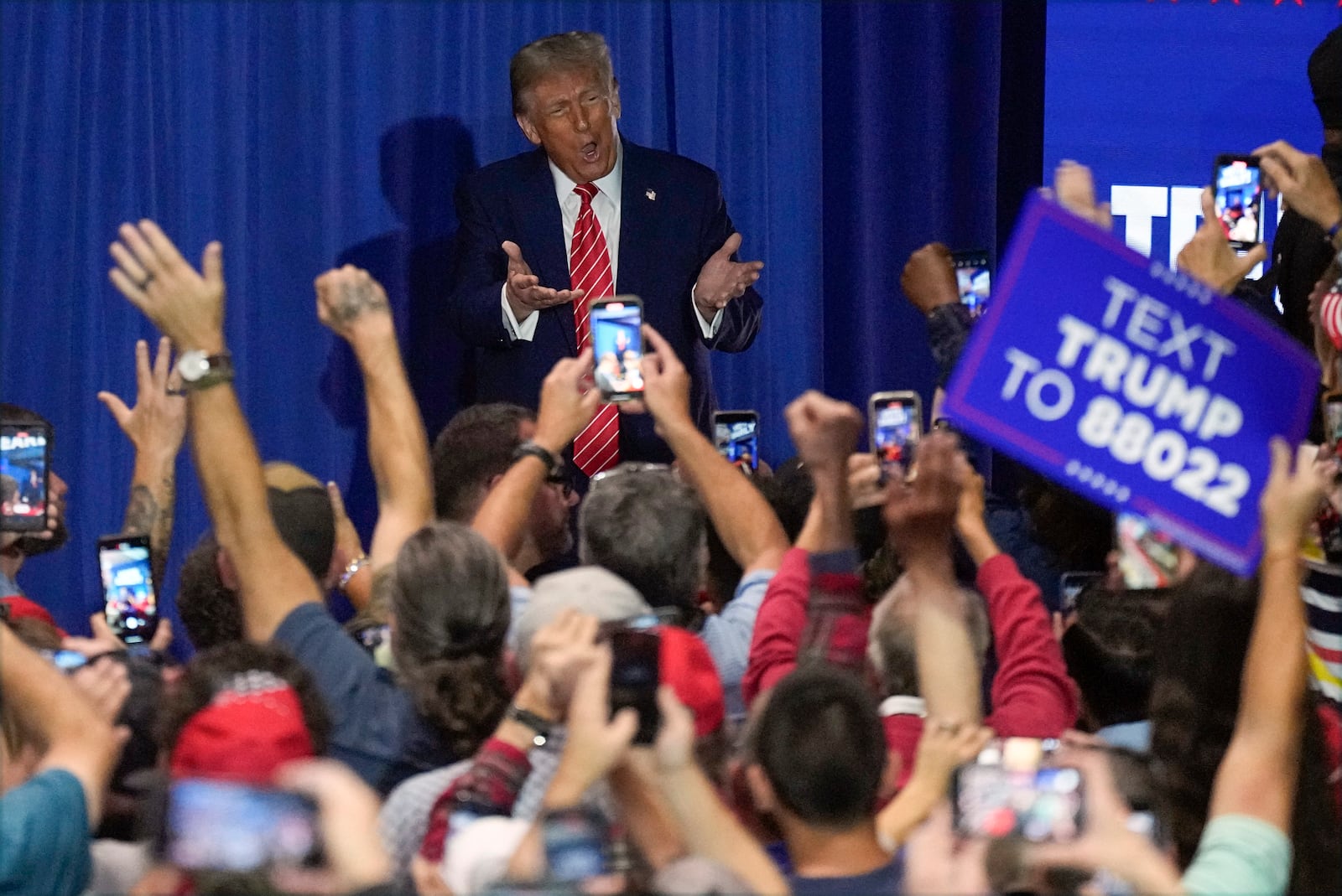 Republican presidential nominee former President Donald Trump arrives at a campaign rally at Rocky Mount Event Center, Wednesday, Oct. 30, 2024, in Rocky Mount, N.C. (AP Photo/Steve Helber)