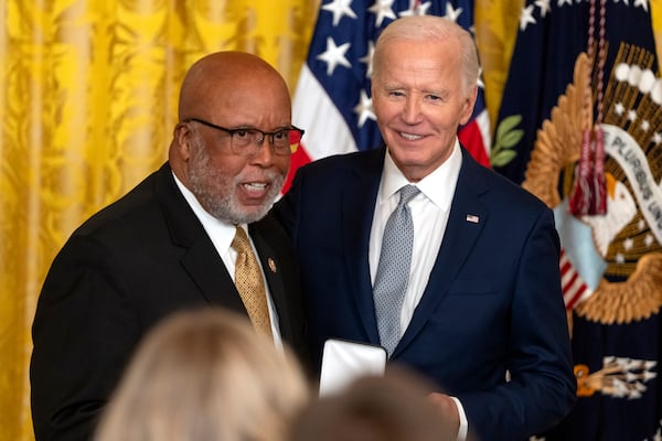 President Joe Biden awards the Presidential Citizens Medal to Rep. Bennie Thompson, D-Miss., during a ceremony in the East Room at the White House, Thursday, Jan. 2, 2025, in Washington. (AP Photo/Mark Schiefelbein)