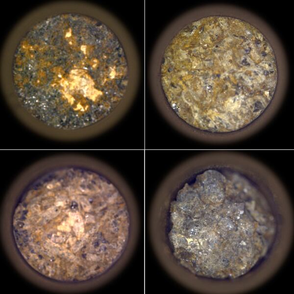 This photo combo from images provided by NASA shows Perseverance rover's Martian rock sample collection, top from left, acquired Sept. 8, 2021, acquired Dec. 22, 2021. Bottom from left: acquired Jan. 31, 2022, acquired Nov. 24, 2021. (NASA via AP)