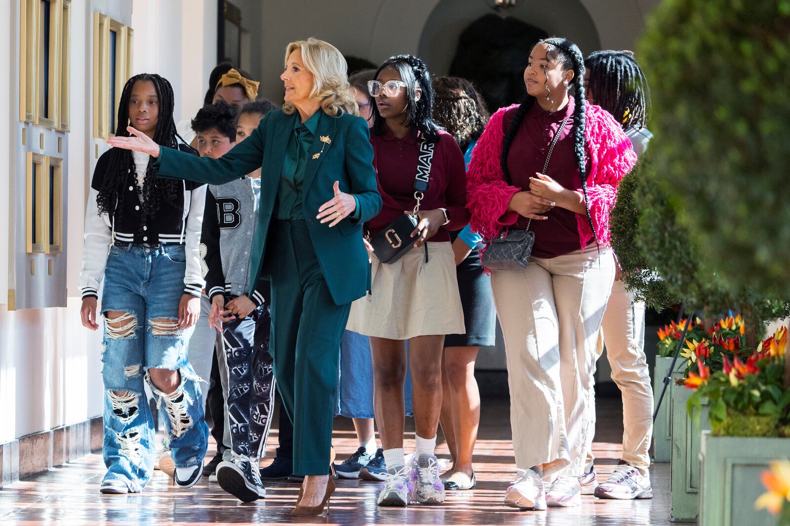 First lady Jill Biden gives students a tour of the White House on the day of the unveiling of the new enhanced White House public tour, Monday, Oct. 21, 2024, in Washington. (AP Photo/Manuel Balce Ceneta)