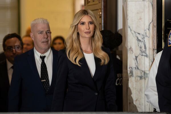 FILE - Ivanka Trump exits the courtroom for a lunch break during a civil fraud trial against her father, former President Donald Trump, at New York Supreme Court, Nov. 8, 2023, in New York. (AP Photo/Yuki Iwamura, File)