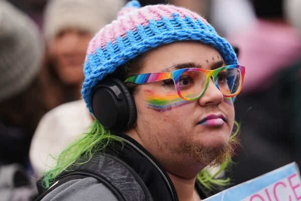 A person participates the People's March, Saturday, Jan. 18, 2025, in Washington. (AP Photo/Julio Cortez)