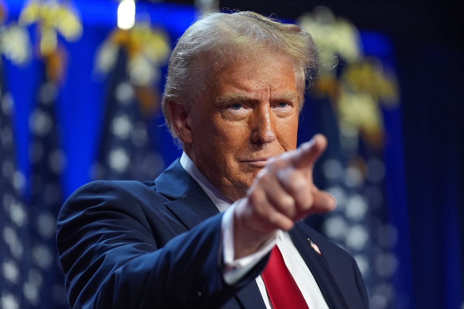 Republican presidential nominee former President Donald Trump arrives at an election night watch party at the Palm Beach Convention Center, Wednesday, Nov. 6, 2024, in West Palm Beach, Fla. (AP Photo/Evan Vucci)