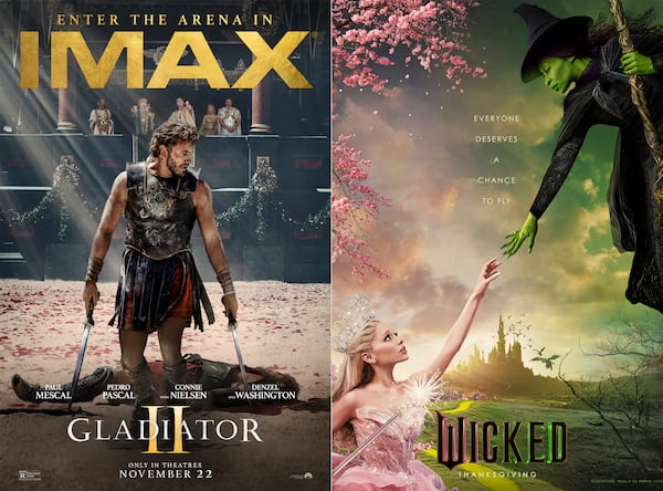 This combination of images shows promotional art for "Gladiator II," left, and "Wicked." (Paramount/Universal Pictures via AP)