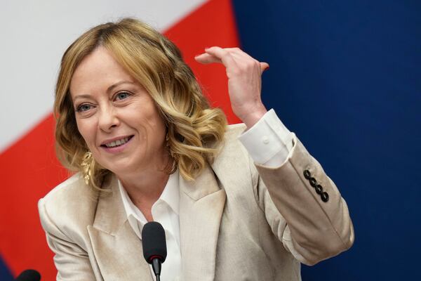 Italian Premier Giorgia Meloni holds the 2024 year-end press conference, in Rome, Thursday, Jan. 9, 2025. (AP Photo/Alessandra Tarantino)