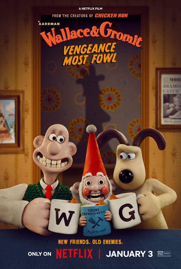 This image released by Netflix shows promotional art for the film "Wallace & Gromit: Vengeance Most Fowl." (Netflix via AP)